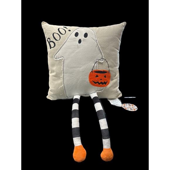 ENVOGUE Beige Embroidered Ghost Pumpkin Square Pillow Halloween Decorative - Picture 1 of 9